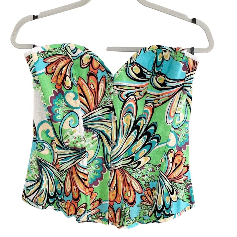 Alivila Retro Inspired Multicolor Printed Denim Lace Up Back Corset Bustier XL - Picture 2 of 11